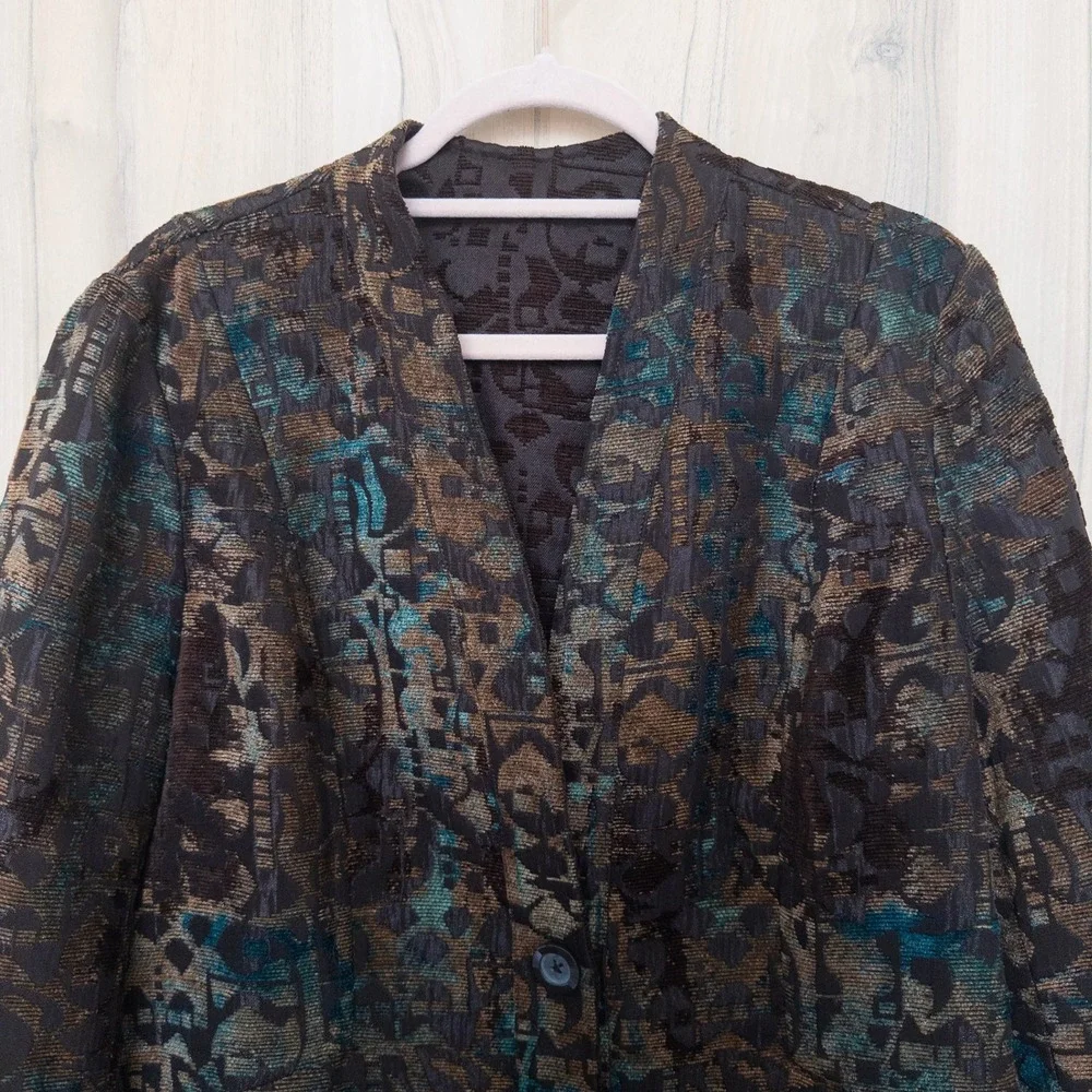 VTG Coldwater Creek Womens Blazer Jacket L‎ Brown Abstract Tapestry Art To Wear